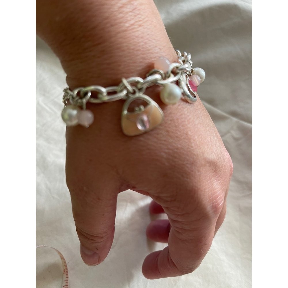 #1 Mom Silver Tone Pink/White Chain Link Charm Bracelet - Picture 6 of 13